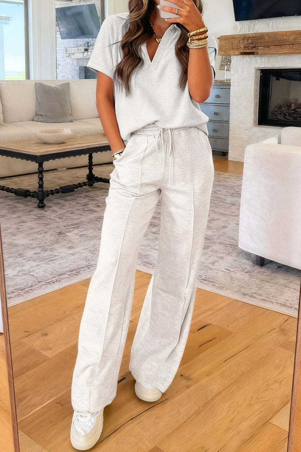 Solid Sporty Polo Tee & Drawstring Pants Set