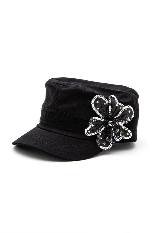 Sequins Beaded 3D Flower Statement Cadet Hat