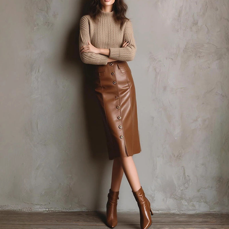 Women's Faux Leather Bodycon Skirt - High Waisted Slim Fit Midi Skirt With Front Slit & Button Decor