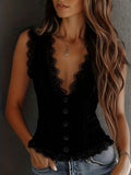 Lace Trim Button-Down Crop Tank Vest Women