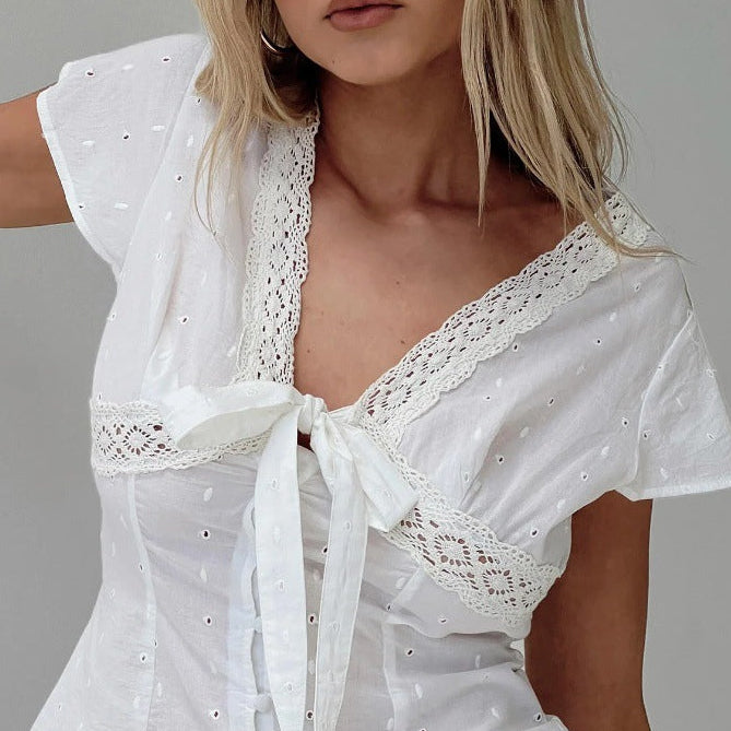 Women Clothing Summer Sexy V neck Bow Bandage Sexy Short Sleeve T shirt Top