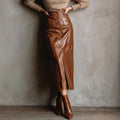 Women's Faux Leather Bodycon Skirt - High Waisted Slim Fit Midi Skirt With Front Slit & Button Decor